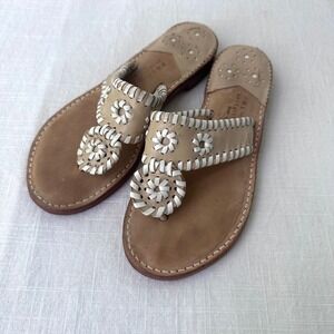Palm Beach Sandals Womens 6 Tan White Leather Whipstitch Thong Sandals USA